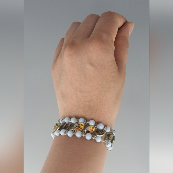 Milky White Studded Earrings and Religious Catholic Saint Bracelet Set - Picture 3 of 9
